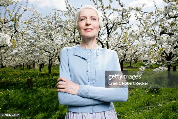 senior woman stands between blossoming cherry trees - selbstvertrauen - fotografias e filmes do acervo