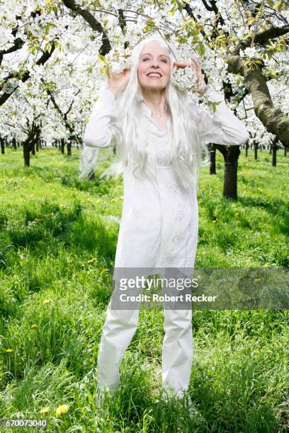 senior woman stands between blossoming cherry trees - eine frau allein ストックフォトと画像