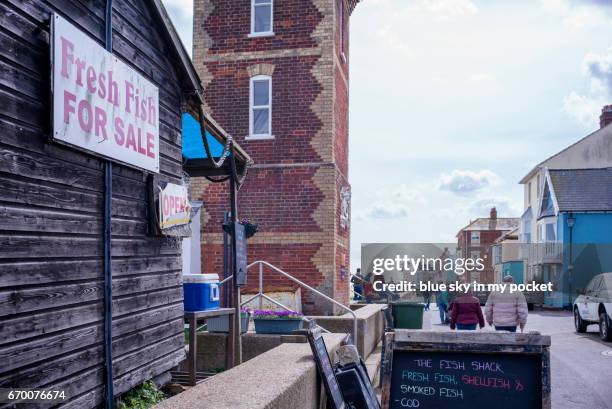fresh fish for sale on the aldeburgh sea front, suffolk. - aldeburgh stock pictures, royalty-free photos & images