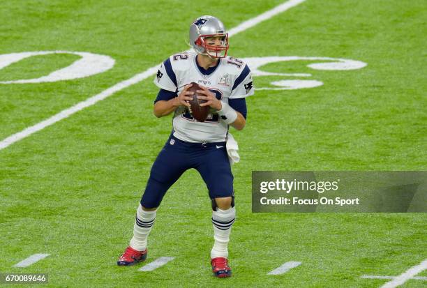 Tom Brady of the New England Patriots drops back to pass against the Atlanta Falcons during Super Bowl 51 at NRG Stadium on February 5, 2017 in...