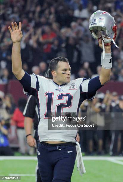 Tom Brady of the New England Patriots celebrates after they scored a touchdown against the Atlanta Falcons during Super Bowl 51 at NRG Stadium on...