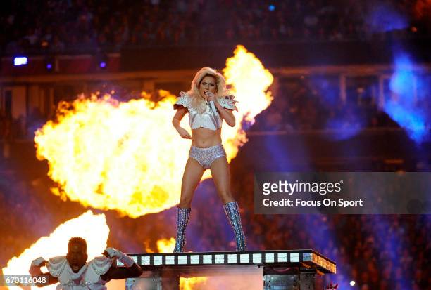 Singer Lady Gaga performs during the Pepsi Zero Sugar Super Bowl LI Halftime Show at NRG Stadium on February 5, 2017 in Houston, Texas.