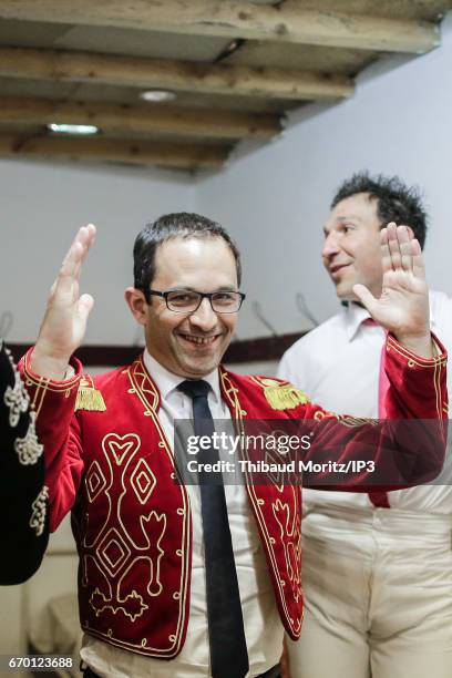 Candidate of the Socialist Party for the 2017 French Presidential Election Benoit Hamon attends a Landes race in a Matador costume on April 17, 2017...