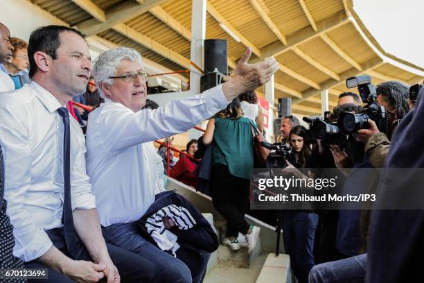 Candidate of the Socialist Party for the 2017 French Presidential Election Benoit Hamon attends a Landes race on April 17, 2017 in Aignan, France....
