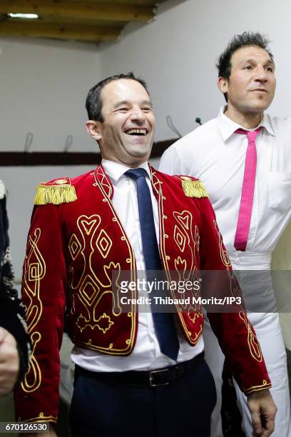 Candidate of the Socialist Party for the 2017 French Presidential Election Benoit Hamon attends a Landes race in a Matador costume on April 17, 2017...
