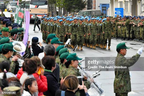 Members of Japan Ground Self-Defense Force attend the welcome ceremony at the JGSDF Camp Aomori on April 19, 2017 in Aomori, Japan. The government...