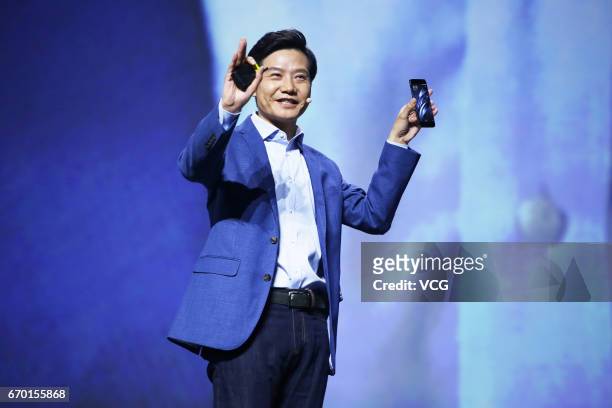 Xiaomi CEO Lei Jun makes a speech during the launch event of Mi 6 smartphone at Beijing University of Technology on April 19, 2017 in Beijing, China....