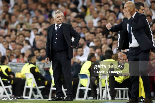 Coach Carlo Ancelotti of Bayern Munich, coach Zinedine Zidane of Real Madridduring the UEFA Champions League quarter final match between Real Madrid...