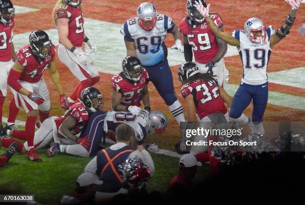 James White of the New England Patriots scores the winning touchdown in overtime against the Atlanta Falcons during Super Bowl 51 at NRG Stadium on...