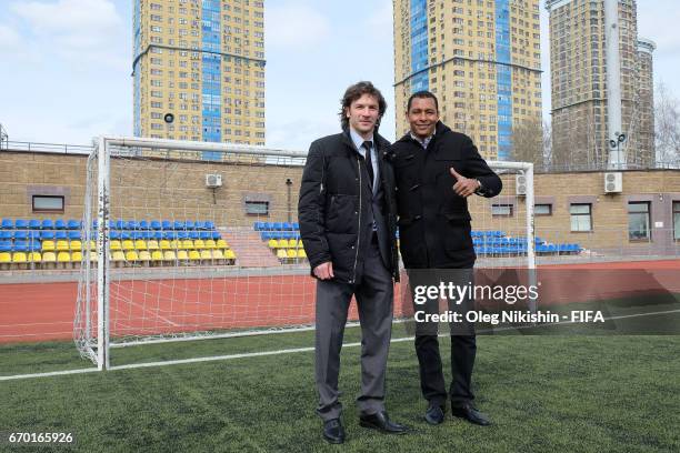 Gilberto Silva meets ex FC Lokomotiv and Russian national defender Dmitry Sennikov during interview to Match TV reality show at Yantar stadium on...