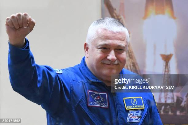 Russian cosmonaut Fyodor Yurchikhin attends a press conference at the Russian-leased Baikonur cosmodrome in Kazakhstan on April 19, 2017. The crew of...
