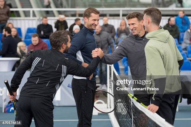 Timo Glock , DTM race driver, Florian Mayer, Patrik Kuehnen, tournament director BMW Open and Maximilian Marterer shake hands after the BMW Open Show...