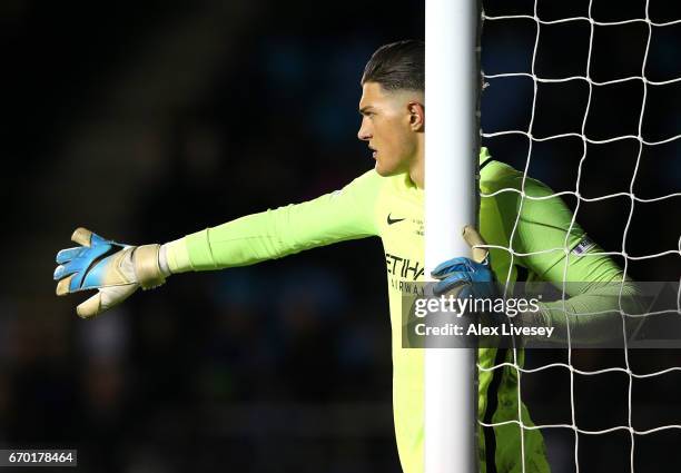 Aro Muric of Manchester City during the FA Youth Cup Final first leg match between of Manchester City and Chelsea at The Academy Stadium on April 18,...