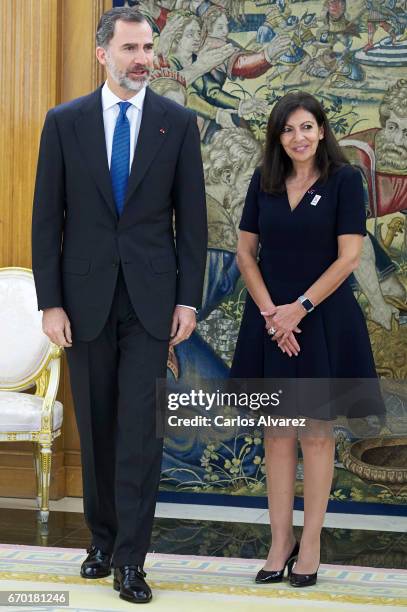 King Felipe VI of Spain receives Mayor of Paris Anne Hidalgo at the Zarzuela Palace on April 19, 2017 in Madrid, Spain.