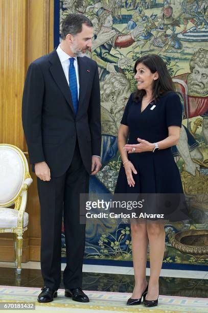 King Felipe VI of Spain receives Mayor of Paris Anne Hidalgo at the Zarzuela Palace on April 19, 2017 in Madrid, Spain.