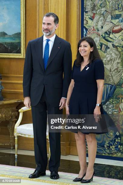 King Felipe VI of Spain receives Mayor of Paris Anne Hidalgo at the Zarzuela Palace on April 19, 2017 in Madrid, Spain.