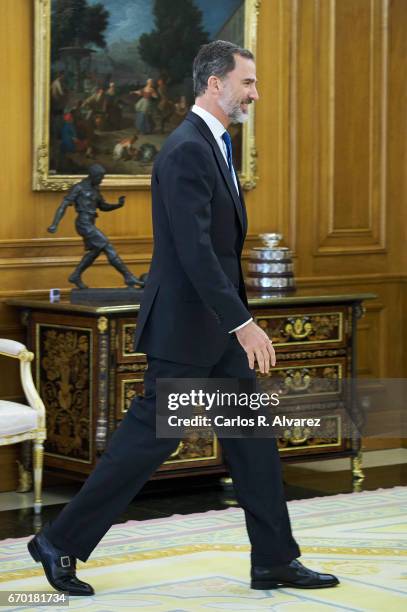 King Felipe VI of Spain receives Mayor of Paris Anne Hidalgo at the Zarzuela Palace on April 19, 2017 in Madrid, Spain.