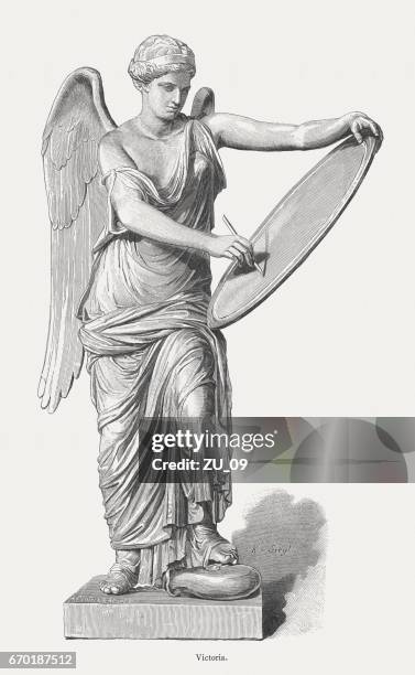 roman goddess victoria, 1st century, published in 1884 - the statue of victoria stock illustrations
