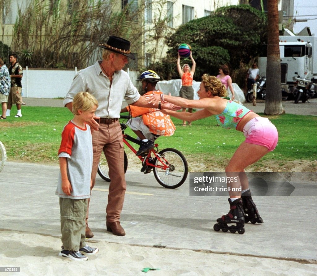 Actor Paul Hogan films a scene on the set of