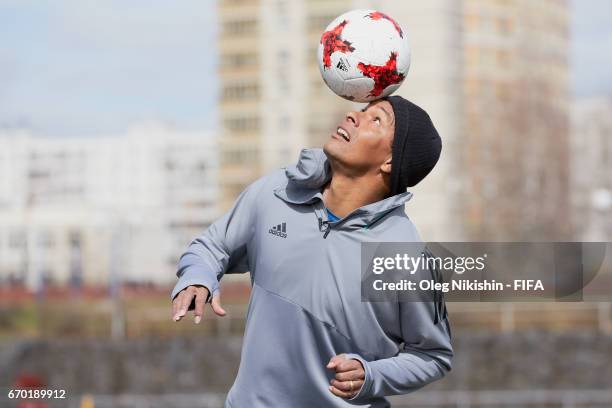 Gilberto Silva during training with young players during Match TV reality show "Who wants to be a Legionnaire" at Yantar stadium on April 19, 2017 in...