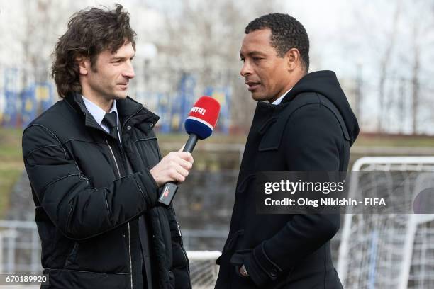 Gilberto Silva meets ex FC Lokomotiv and Russian national defender Dmitry Sennikov during interview to Match TV reality show at Yantar stadium on...