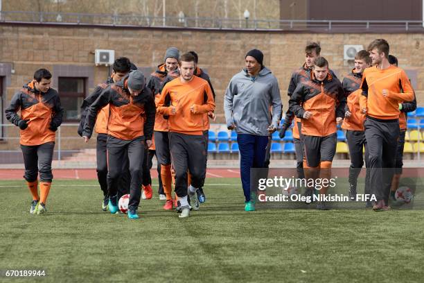 Gilberto Silva during training with young players during Match TV reality show "Who wants to be a Legionnaire" at Yantar stadium on April 19, 2017 in...