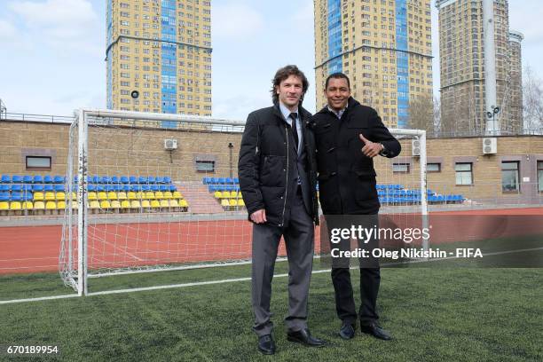 Gilberto Silva meets ex FC Lokomotiv and Russian national defender Dmitry Sennikov during interview to Match TV reality show at Yantar stadium on...