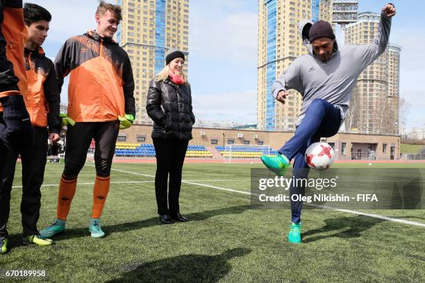 Gilberto Silva during training with young players during Match TV reality show "Who wants to be a Legionnaire" at Yantar stadium on April 19, 2017 in...