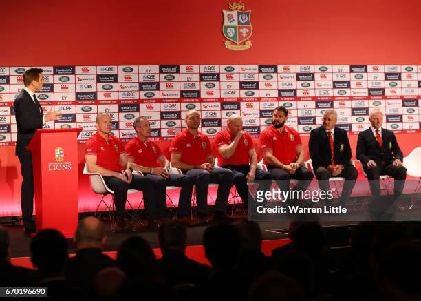 Alex Payne of Sky Sports speaks to the Lions coaching and management team of Graham Rowntree , Rob Howley , Steve Borthwick , Neil Jenkins , Andy...