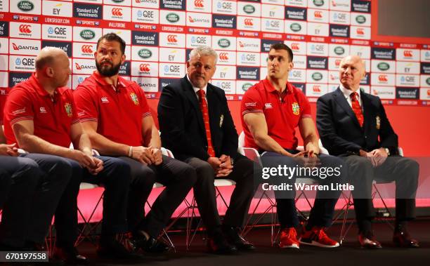 The Lions coaching and management team of Neil Jenkins , Andy Farrell , Warren Gatland , Sam Warburton and John Spencer speak to the media during the...