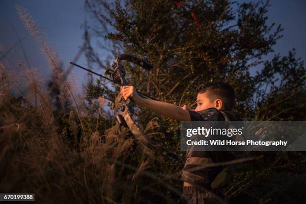 young hunter ready for shooting the target - bow hunting stock pictures, royalty-free photos & images