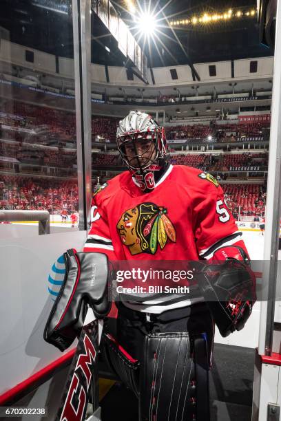 Goalie Corey Crawford of the Chicago Blackhawks walks to the locker room prior to Game One of the Western Conference First Round against the...