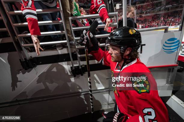 Duncan Keith of the Chicago Blackhawks walks to the locker room prior to Game One of the Western Conference First Round against the Nashville...