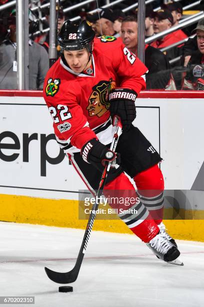 Jordin Tootoo of the Chicago Blackhawks approaches the puck in the first period against the Nashville Predators in Game One of the Western Conference...