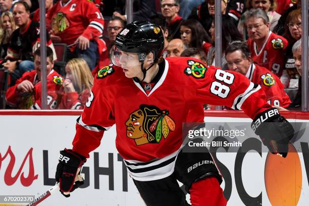 Patrick Kane of the Chicago Blackhawks watches for the puck in the third period against the Nashville Predators in Game One of the Western Conference...