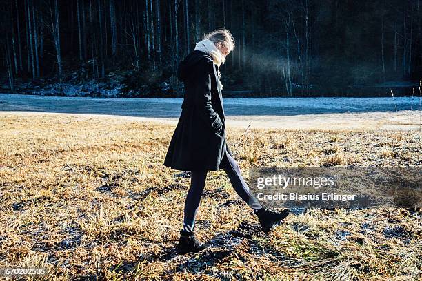 girl walks around in winter - cappotto invernale foto e immagini stock