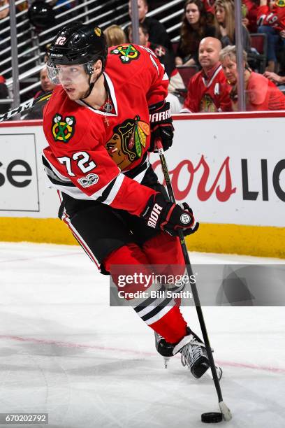 Artemi Panarin of the Chicago Blackhawks grabs the puck in the first period against the Nashville Predators in Game Two of the Western Conference...