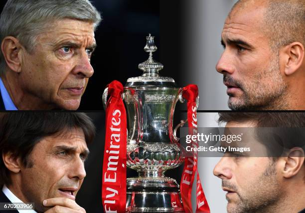 In this composite image a comparision has been made between the four club managers Antonio Conte, Manager of Chelsea,Mauricio Pochettino, Manager of...