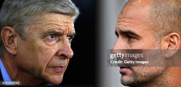 In this composite image a comparision has been made between Arsene Wenger, Manager of Arsenal and Josep Guardiola, Manager of Manchester City....