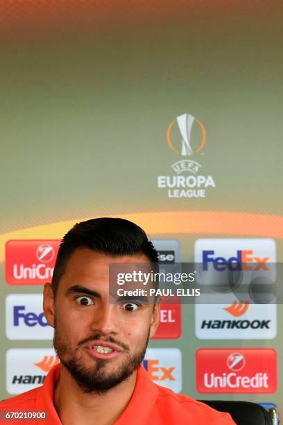 Manchester United's Argentinian goalkeeper Sergio Romero attends a press conference at the club's training complex near Carrington, west of...