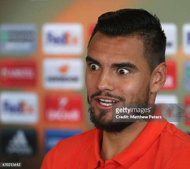 Sergio Romero of Manchester United speaks during a press conference at Aon Training Complex on April 19, 2017 in Manchester, United Kingdom.