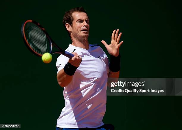 Andy Murray of Great Britain in action against Gilles Muller of Luxembourg during day four of the ATP Monte Carlo Rolex Masters Tennis at Monte-Carlo...