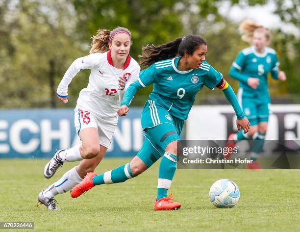 Gia Corley of Germany challenges Aneta Sovakova of Czech Republic for the ball during the Under 15 girls international friendly match between Czech...