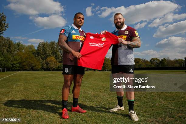 Kyle Sinckler and Joe Marler of Harlequins pose for a photograph after being announced in the 2017 British and Irish Lions tour to New Zealand squad...