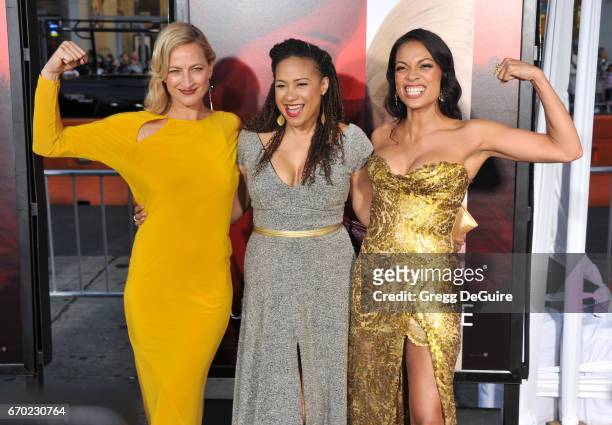 Actors Zoe Bell, Tracie Thoms and Rosario Dawson arrive at the premiere of Warner Bros. Pictures' "Unforgettable" at TCL Chinese Theatre on April 18,...
