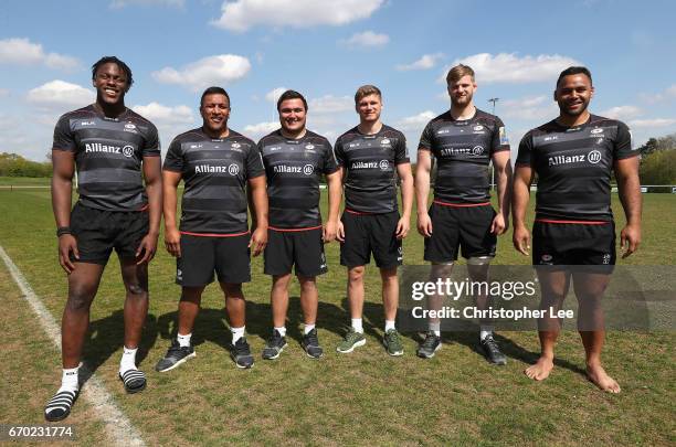 Maro Itoje, Mako Vunipola, Jamie George, Owen Farrell, George Kruis and Billy Vunipola of Saracens pose for the camera on April 19, 2017 in St...