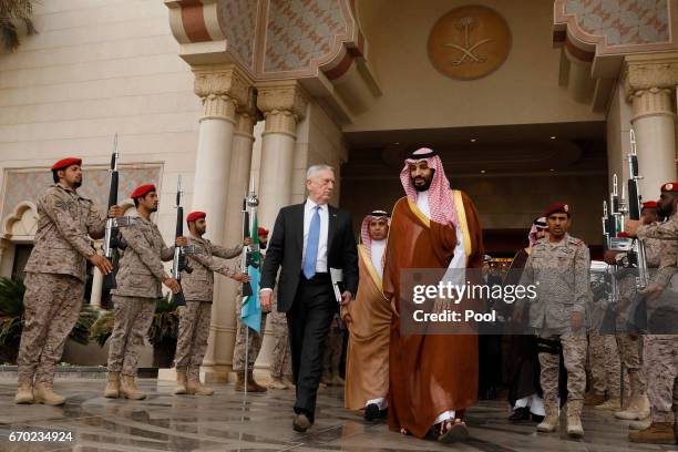 Defense Secretary James Mattis departs after meeting with Saudi Arabia's Deputy Crown Prince and Defense Minister Mohammed bin Salman at the Ministry...