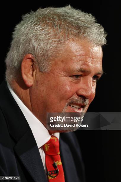 Warren Gatland speaks to the media during the British and Irish Lions tour squad announcement at the Hilton London Syon Park Hotel on April 19, 2017...
