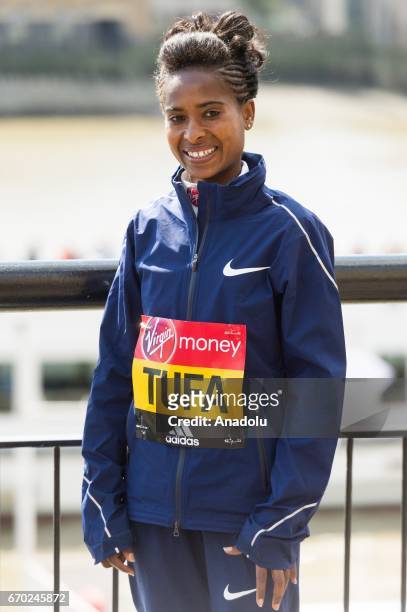 Tigist Tufa of Ethopia poses during the London Marathon photo call on April 19, 2017 in London, United Kingdom.