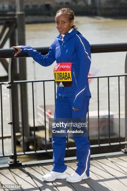 Mare Dibaba of Ethopia poses during the London Marathon photo call on April 19, 2017 in London, United Kingdom.